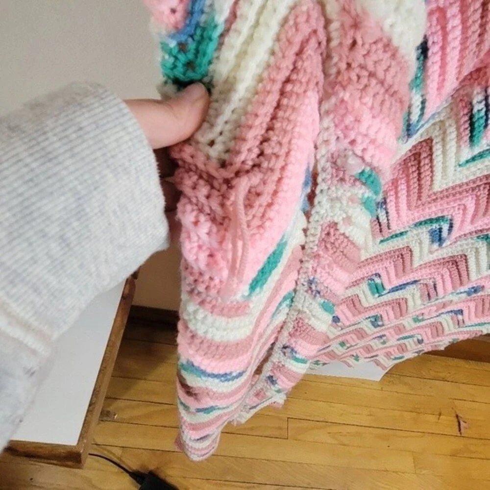 Handmade Multicolor Pink/Rose/White Chevron Afghan Approximately 45 x 74